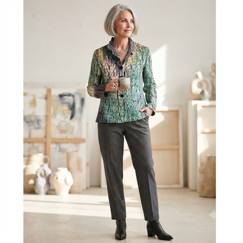 Candiss Cole Art-To-Wear Silk Blend Ikat-Shibori Dyed Warp Button Jacket Large